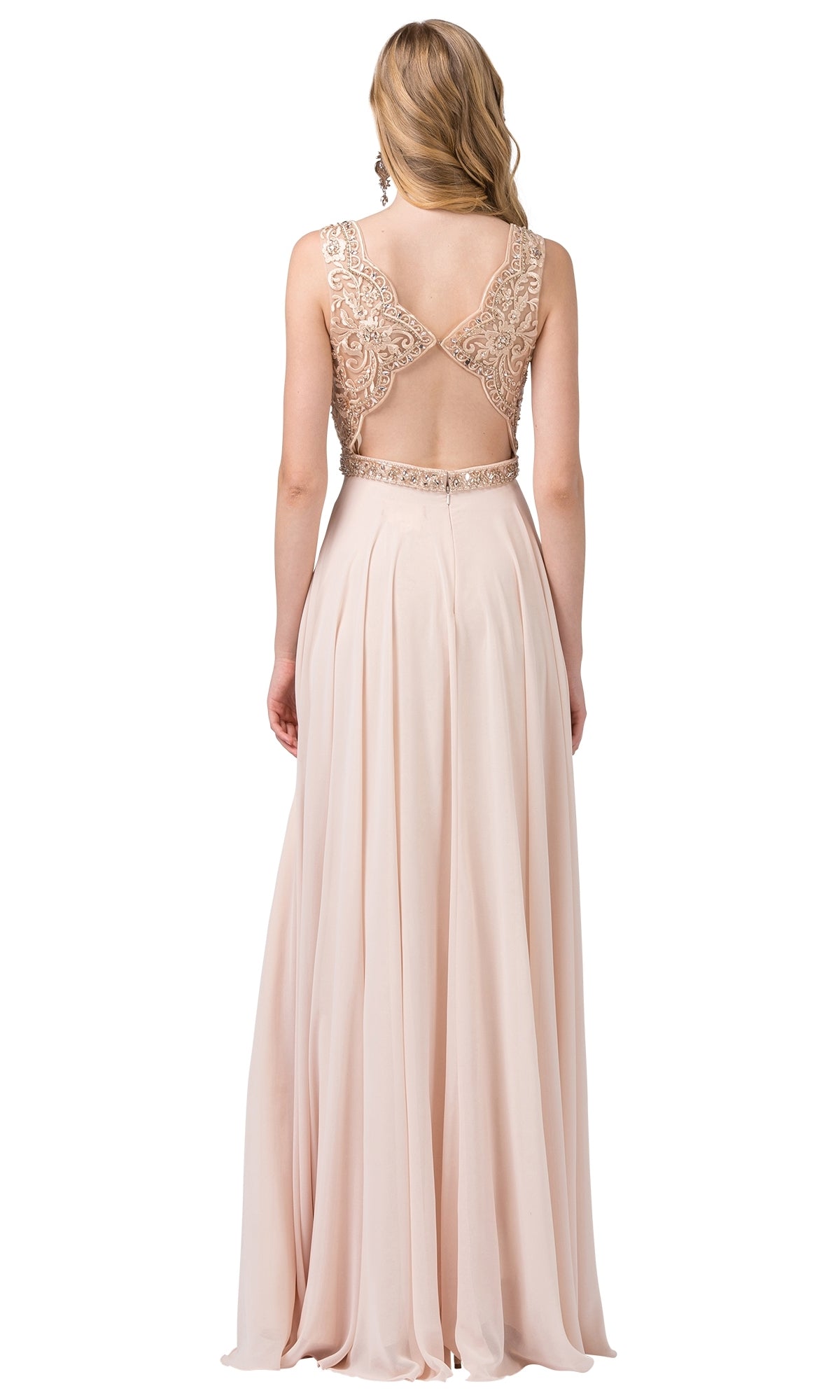 Woman wearing the Cut-Out-Back Scalloped V-Neck Long Prom Dress, a sleeveless, floor-length blush gown with an open back and lace details, standing and facing away from the camera.